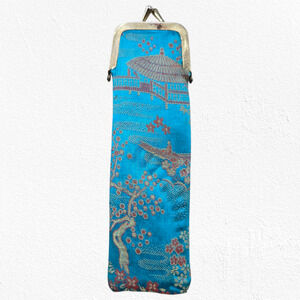 Vintage 1950s Asian Brocade Vanity Case w/ Comb & Mirror Blue Pagoda Design